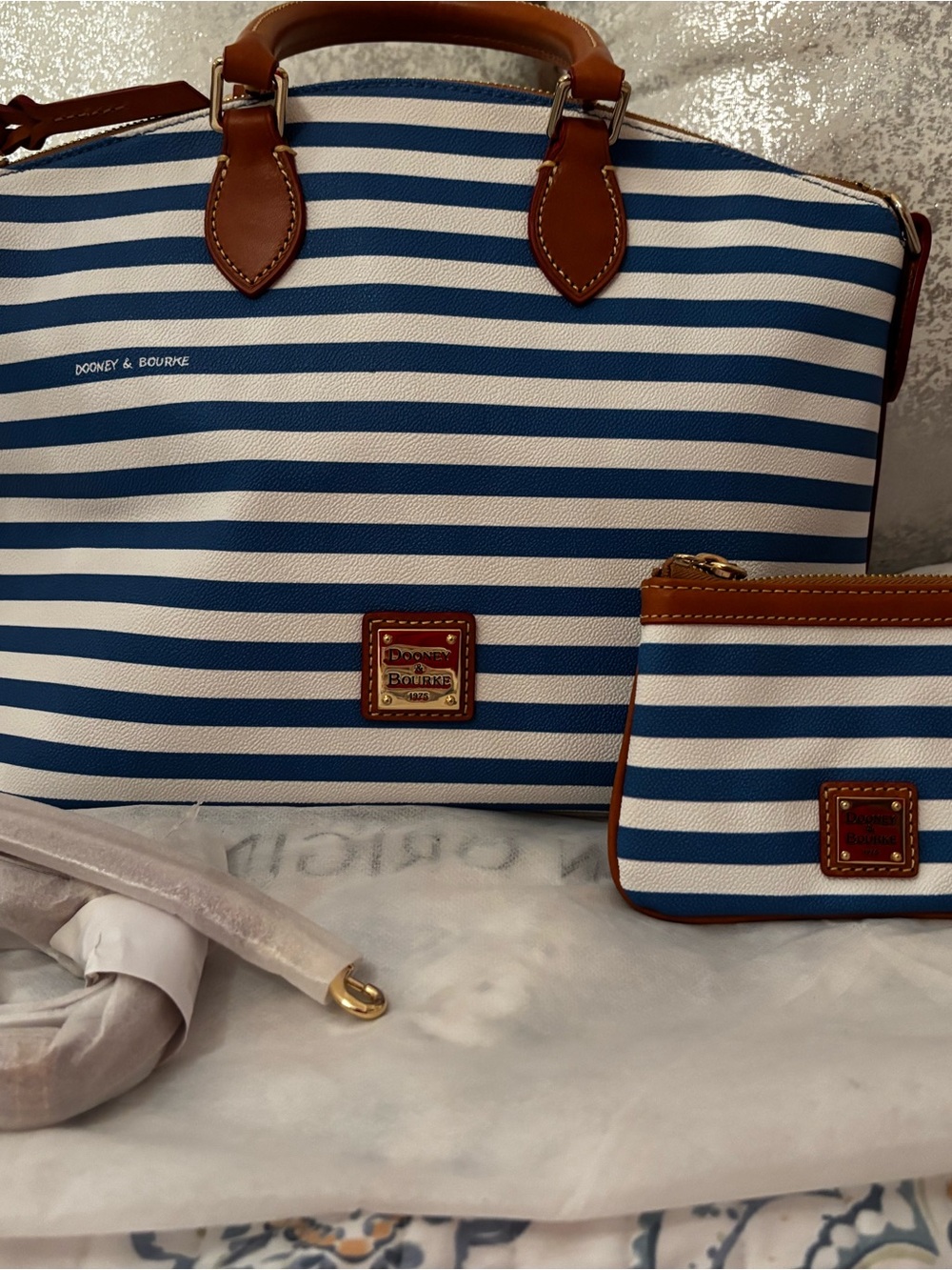 Dooney & Bourke Blue and White Striped Tote with Brown Leather Trim